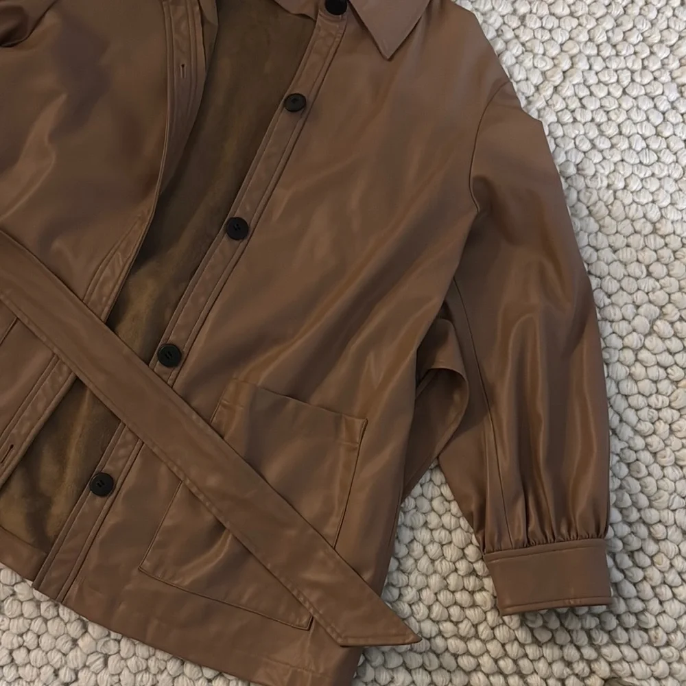 ZARA Brown Faux Leather Jacket with Belt - Picture 3 of 4